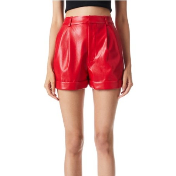 ALICE + OLIVIA CONRY VEGAN LEATHER PLEATED CUFF SHORT NWT RUBY RED 6 - Picture 1 of 5